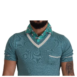 Blue Silk Polo Top Mens V-neck  T-shirt