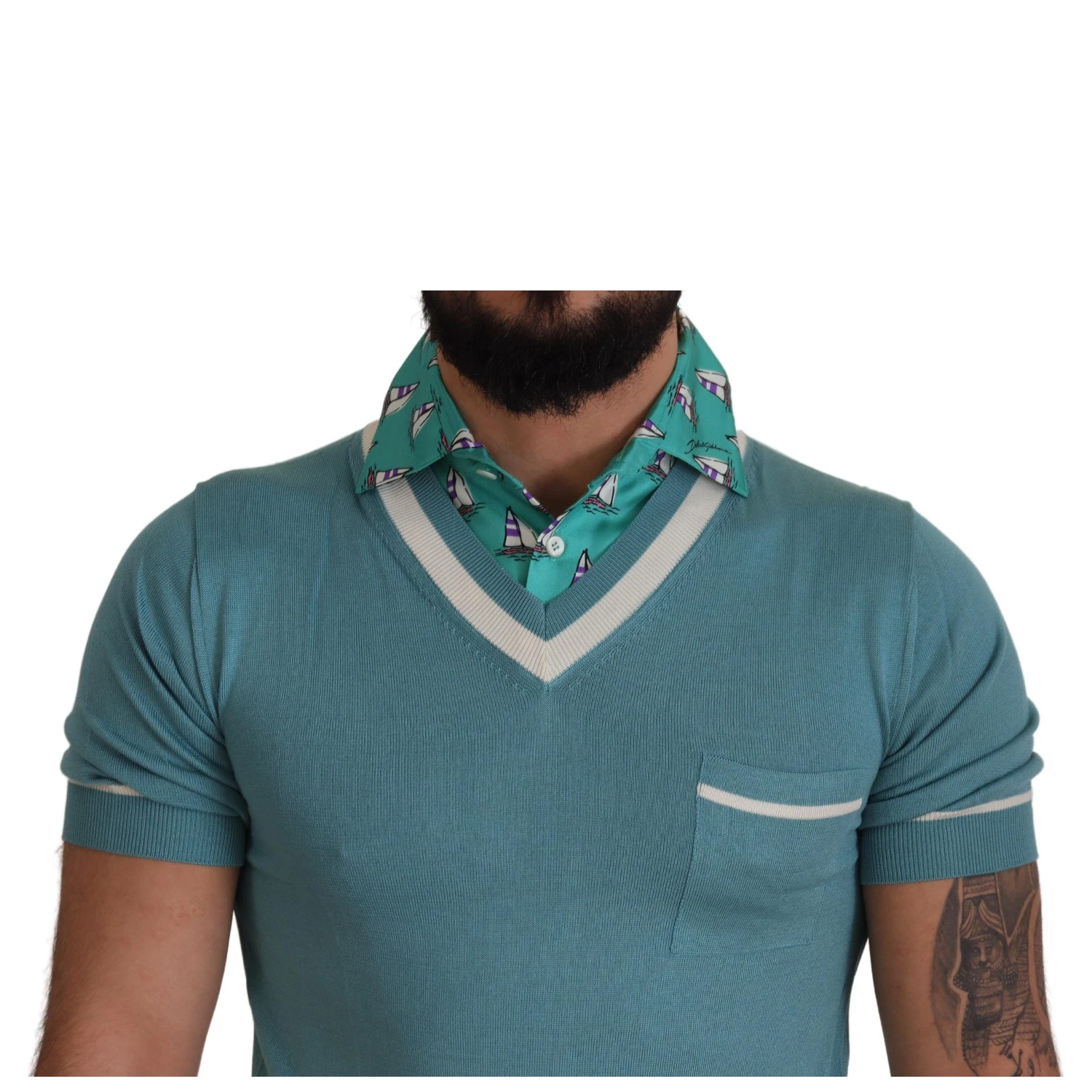 Blue Silk Polo Top Mens V-neck  T-shirt