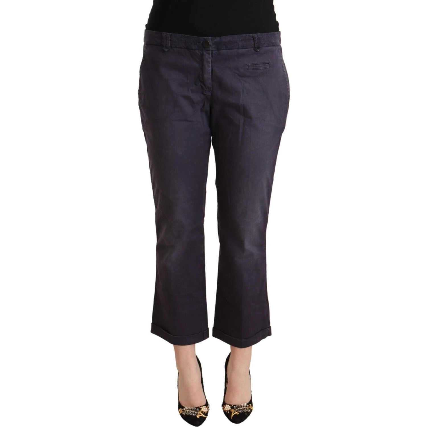 Black Low Waist Folded Hem Flared Cropped Pants