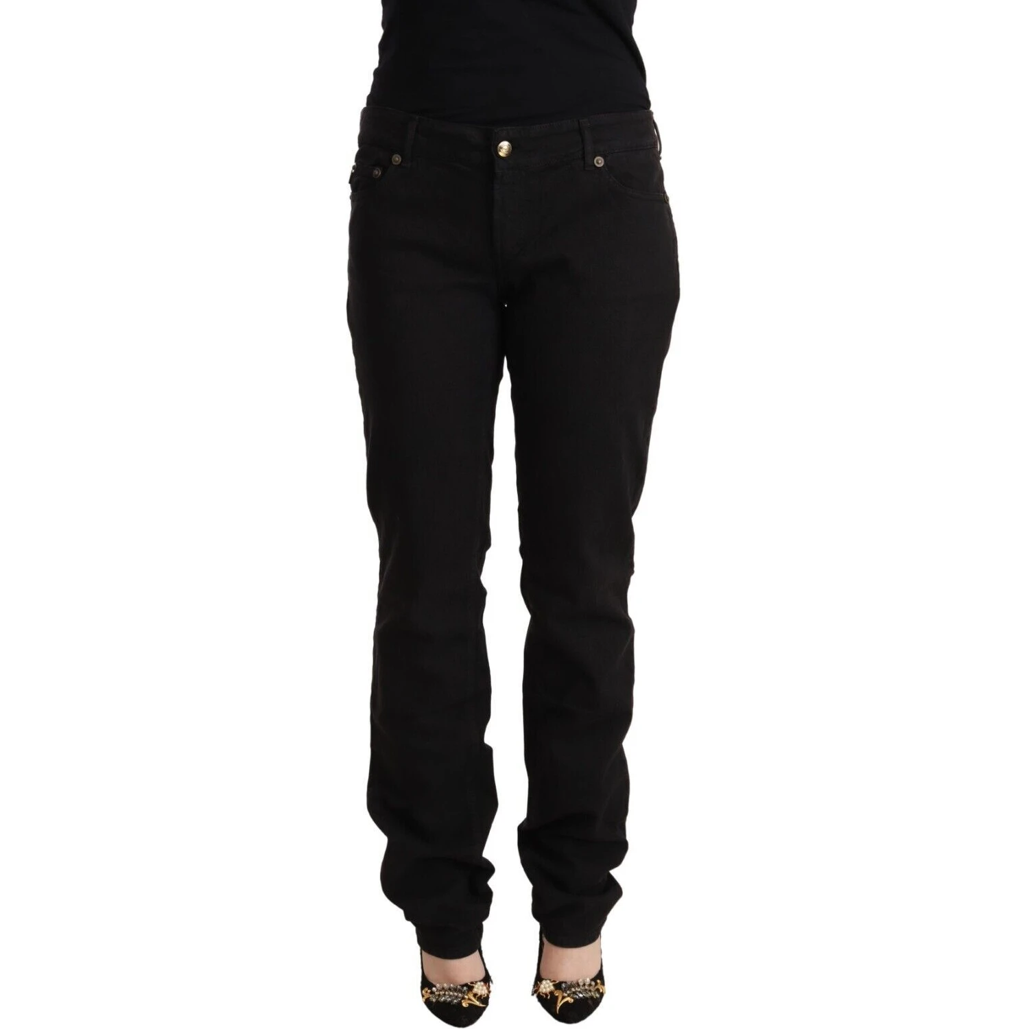 Black Mid Waist Denim Cotton Skinny Jeans