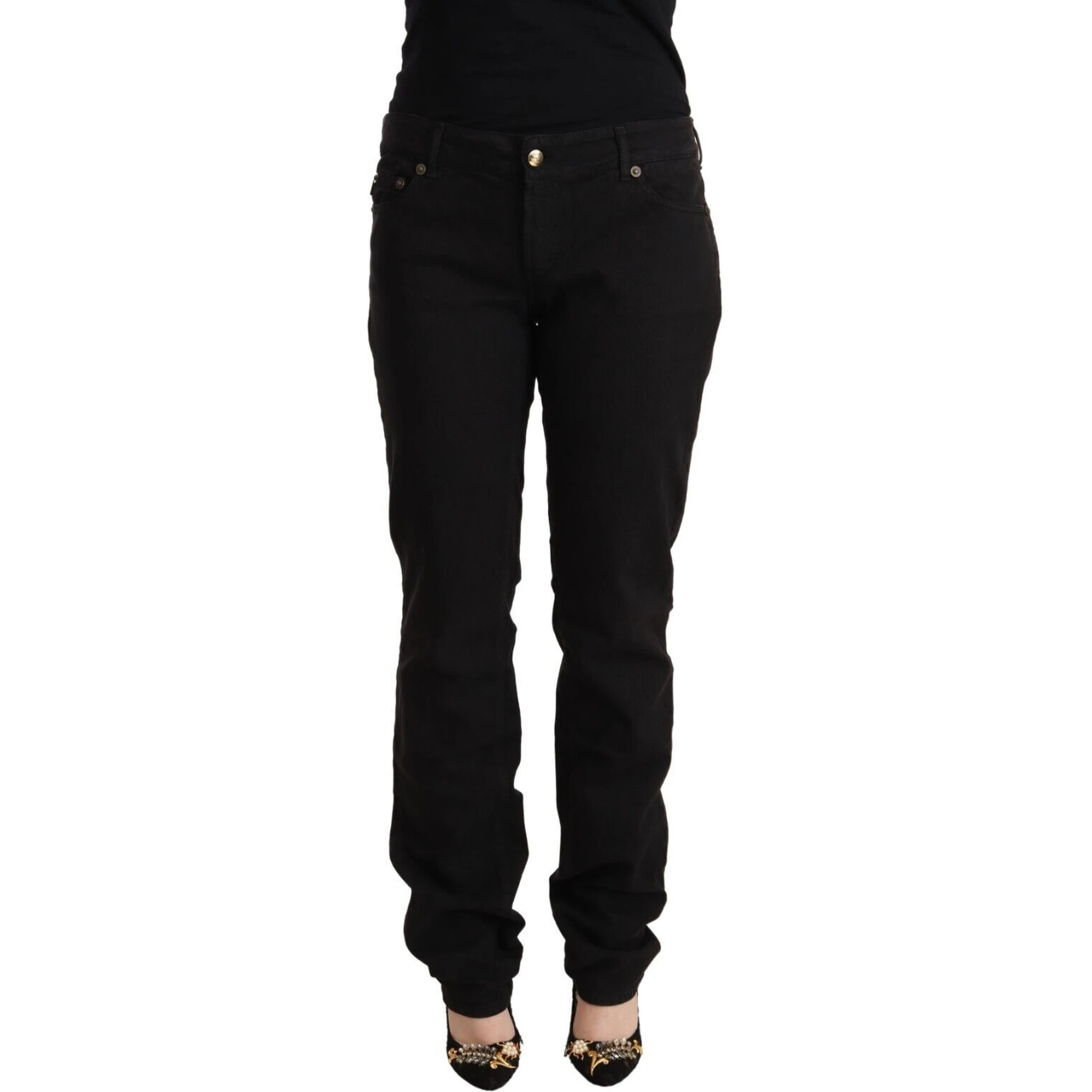Black Mid Waist Denim Cotton Skinny Jeans