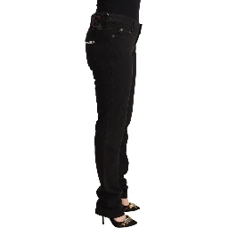 Black Mid Waist Denim Cotton Skinny Jeans