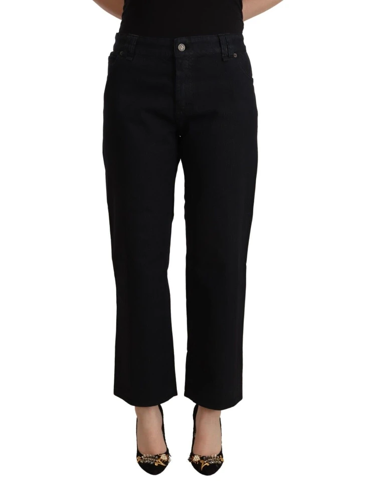 Black Cotton Flared Cropped High Waist Denim Jeans