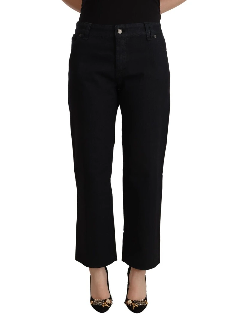 Black Cotton Flared Cropped High Waist Denim Jeans