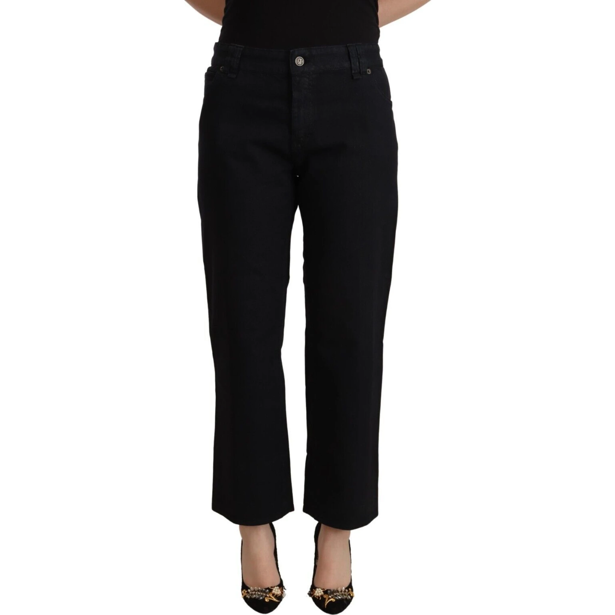 Black Cotton Flared Cropped High Waist Denim Jeans