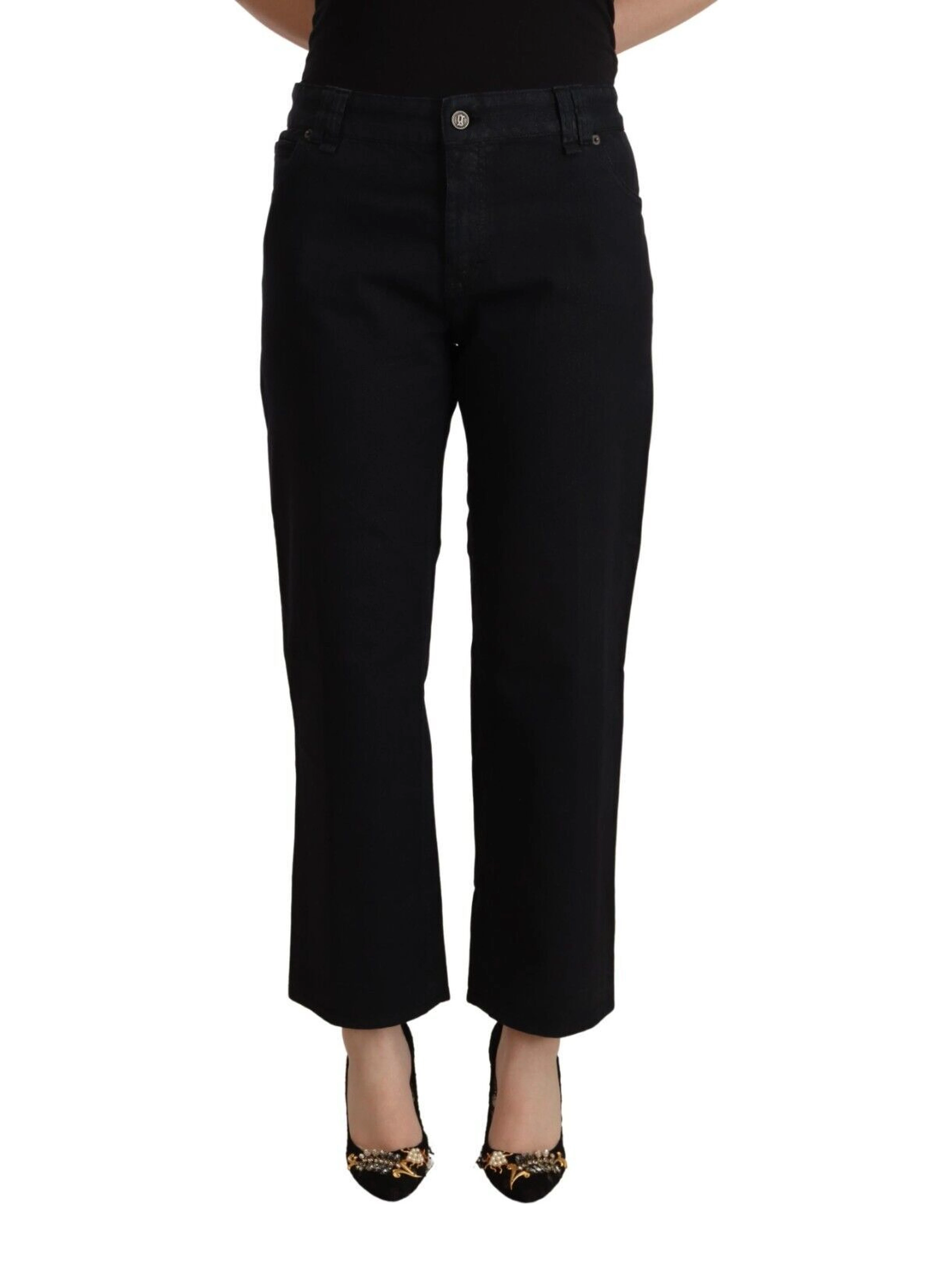 Black Cotton Flared Cropped High Waist Denim Jeans