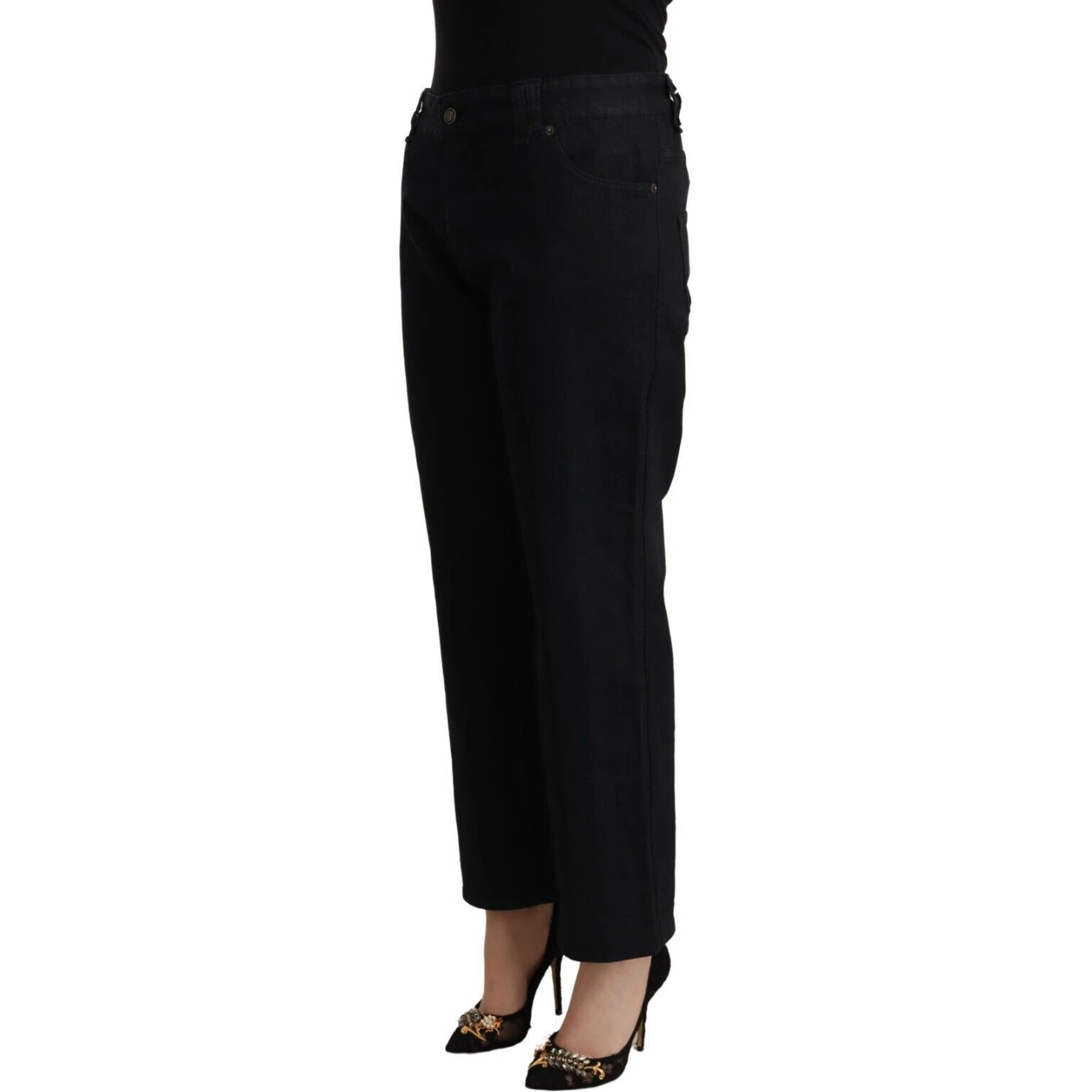 Black Cotton Flared Cropped High Waist Denim Jeans