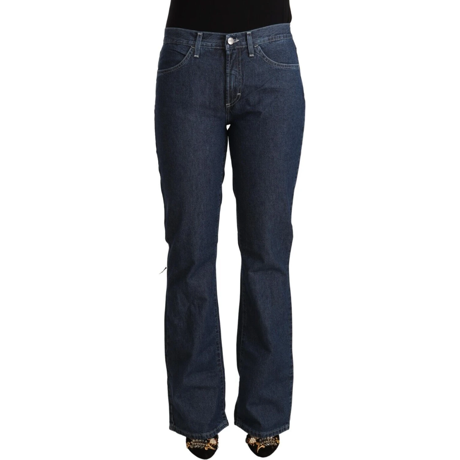 Blue Cotton Mid Waist Flared Denim Jeans