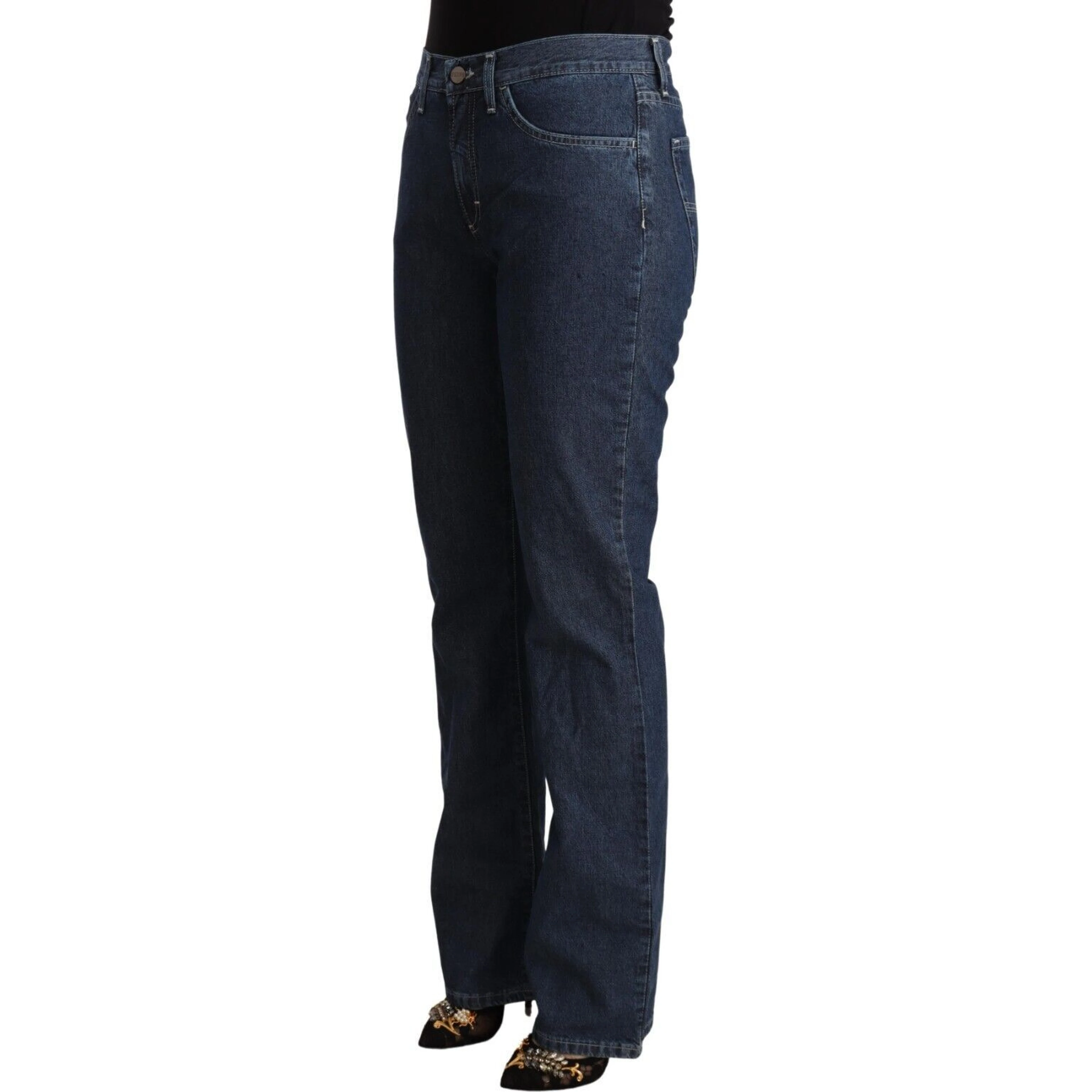 Blue Cotton Mid Waist Flared Denim Jeans