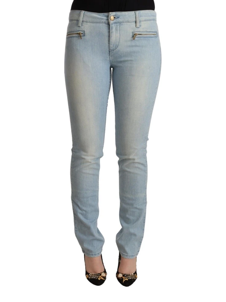 Light Blue Cotton Mid Waist Slim Fit Denim Jeans