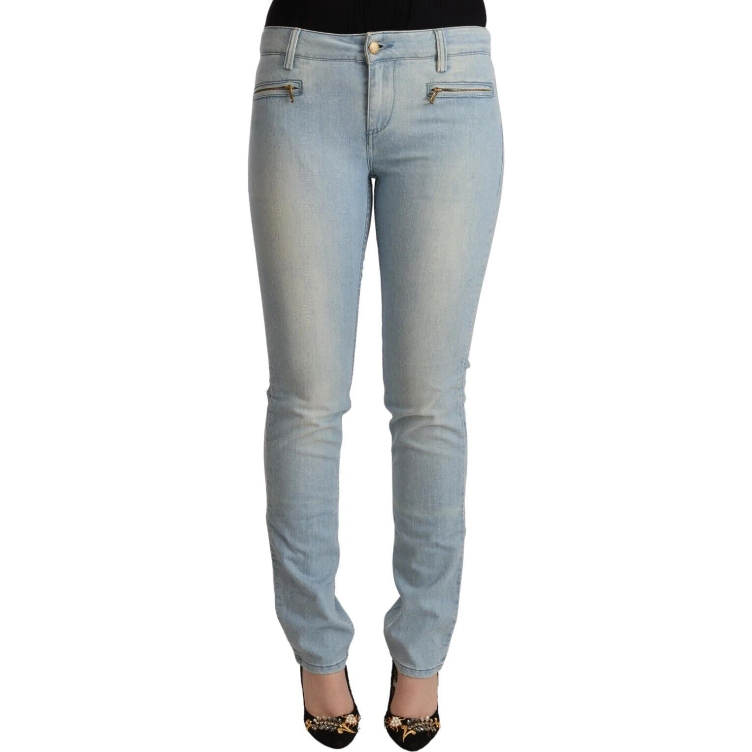 Light Blue Cotton Mid Waist Slim Fit Denim Jeans