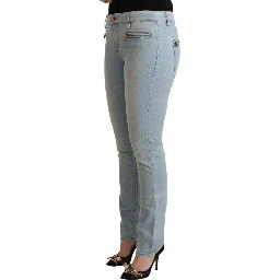 Light Blue Cotton Mid Waist Slim Fit Denim Jeans