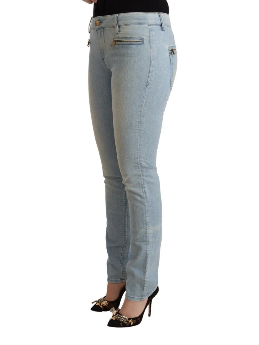 Light Blue Cotton Mid Waist Slim Fit Denim Jeans