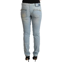 Light Blue Cotton Mid Waist Slim Fit Denim Jeans