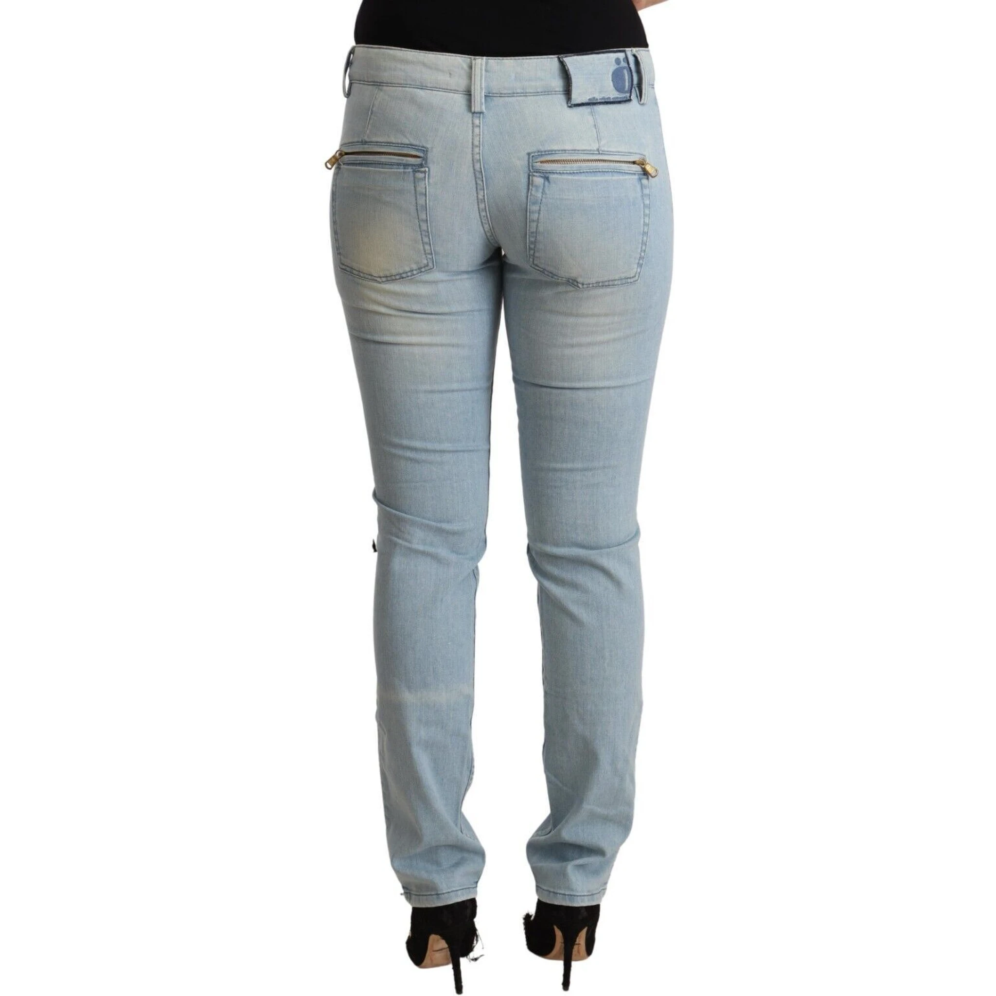 Light Blue Cotton Mid Waist Slim Fit Denim Jeans