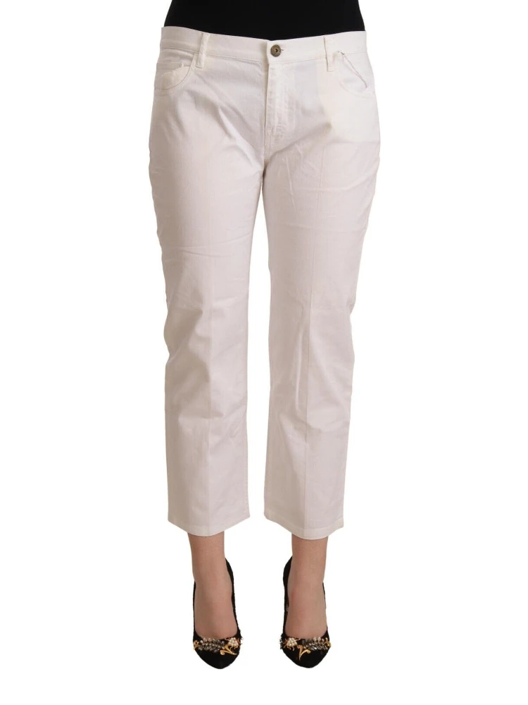 White Cotton Mid Waist Cropped Denim Jeans