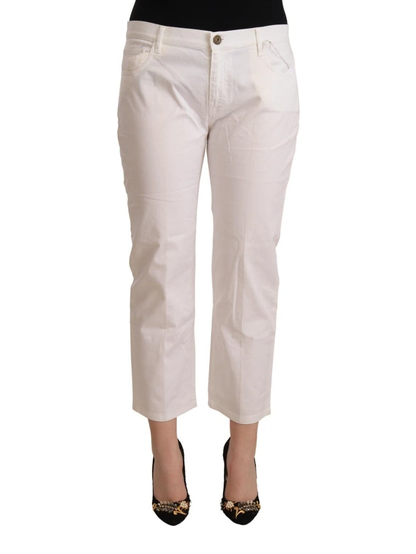 White Cotton Mid Waist Cropped Denim Jeans