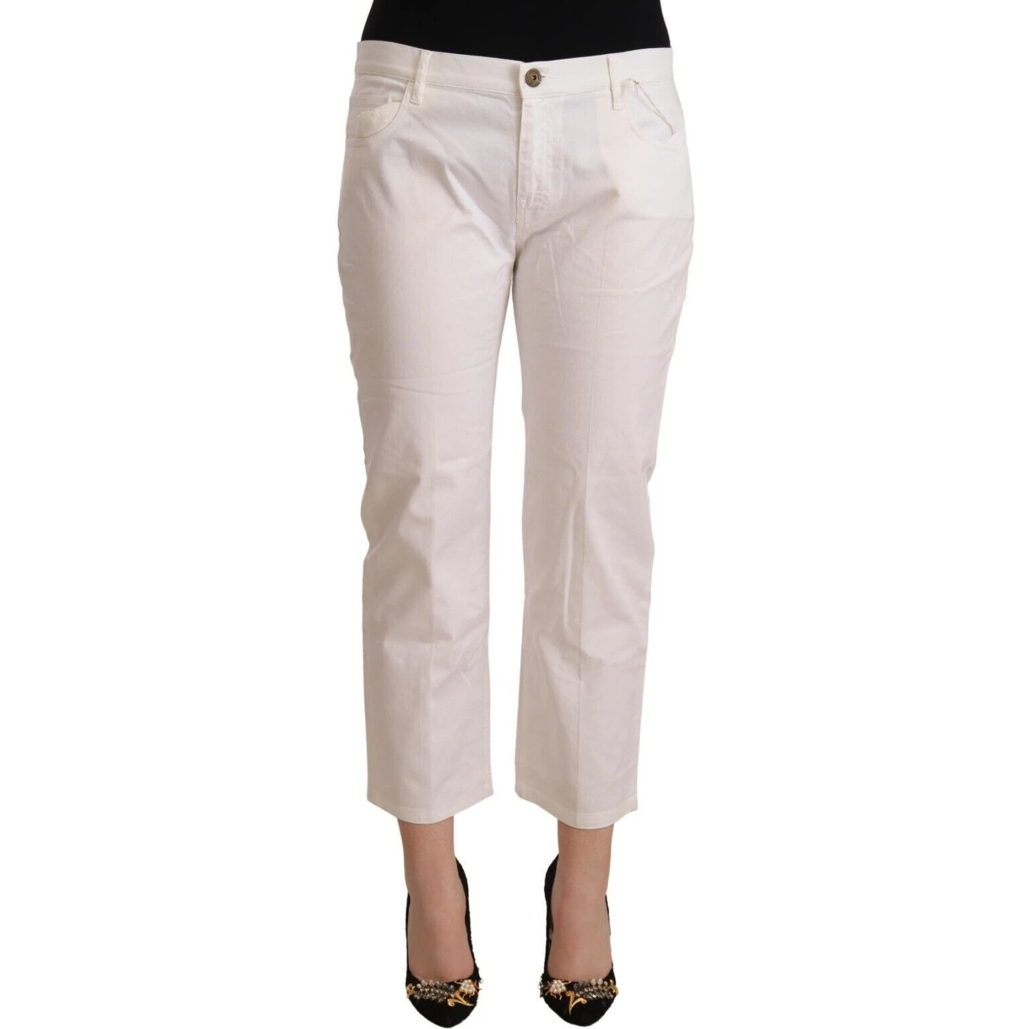 White Cotton Mid Waist Cropped Denim Jeans