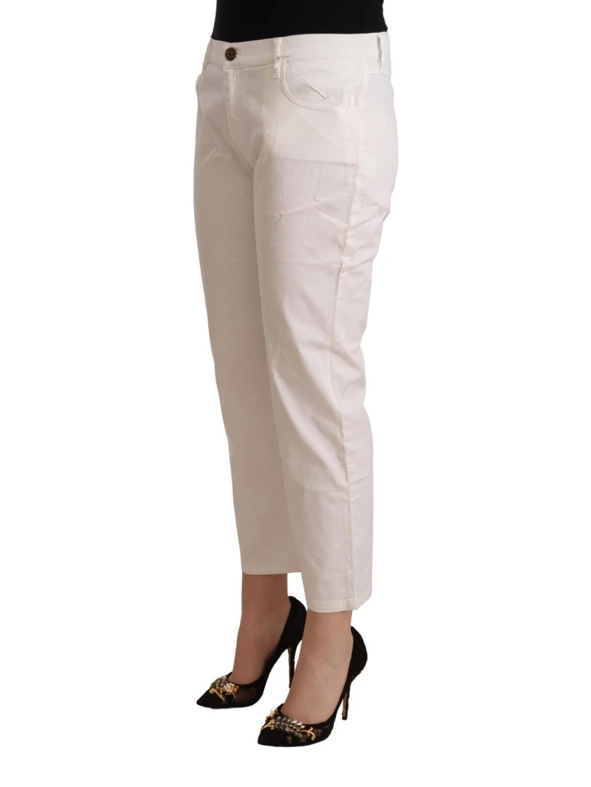 White Cotton Mid Waist Cropped Denim Jeans