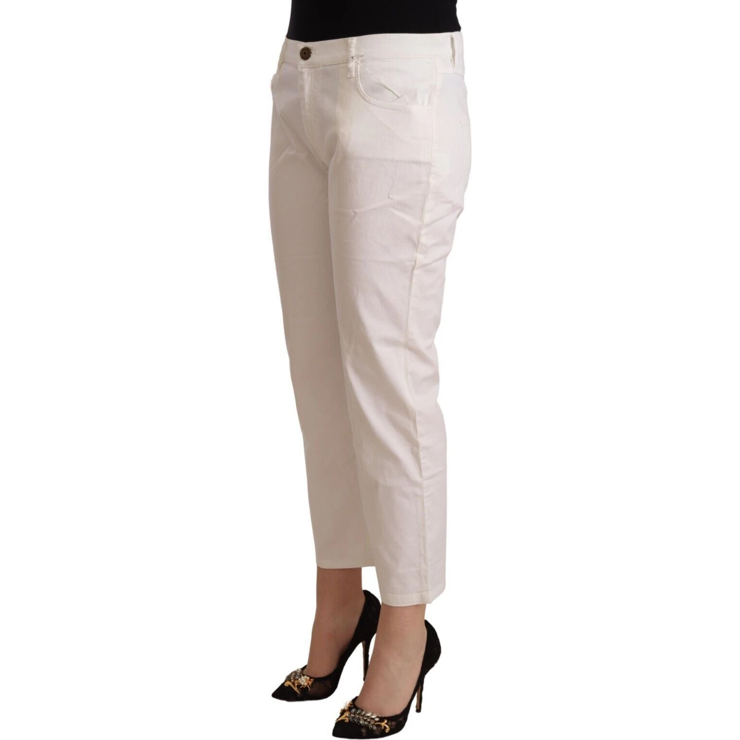 White Cotton Mid Waist Cropped Denim Jeans