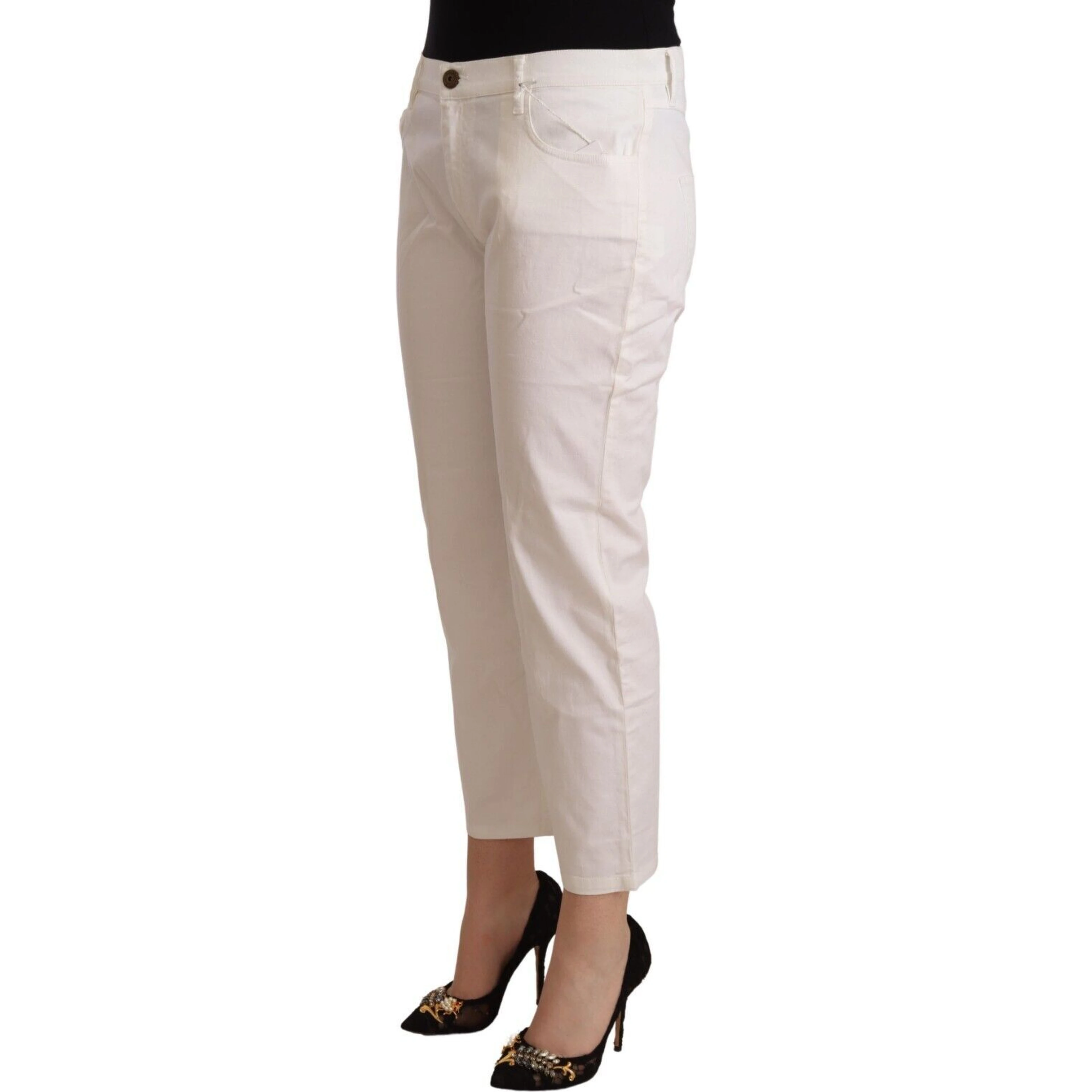 White Cotton Mid Waist Cropped Denim Jeans