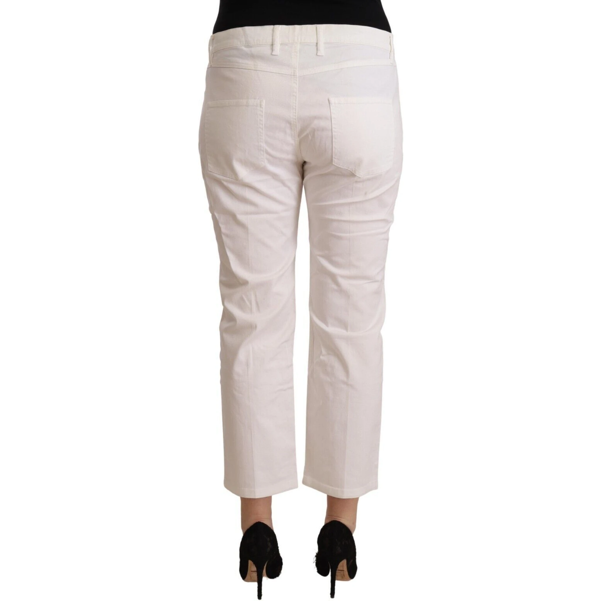 White Cotton Mid Waist Cropped Denim Jeans