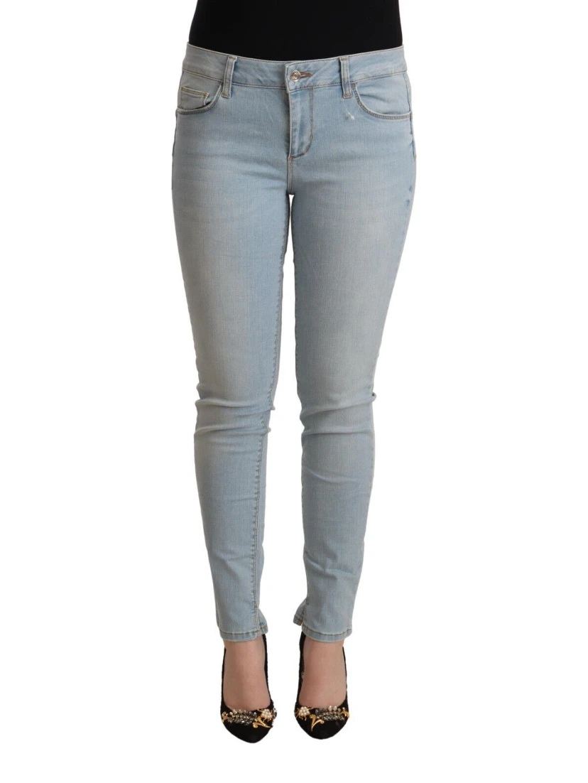 Light Blue Cotton Mid Waist Slim Fit Denim Jeans