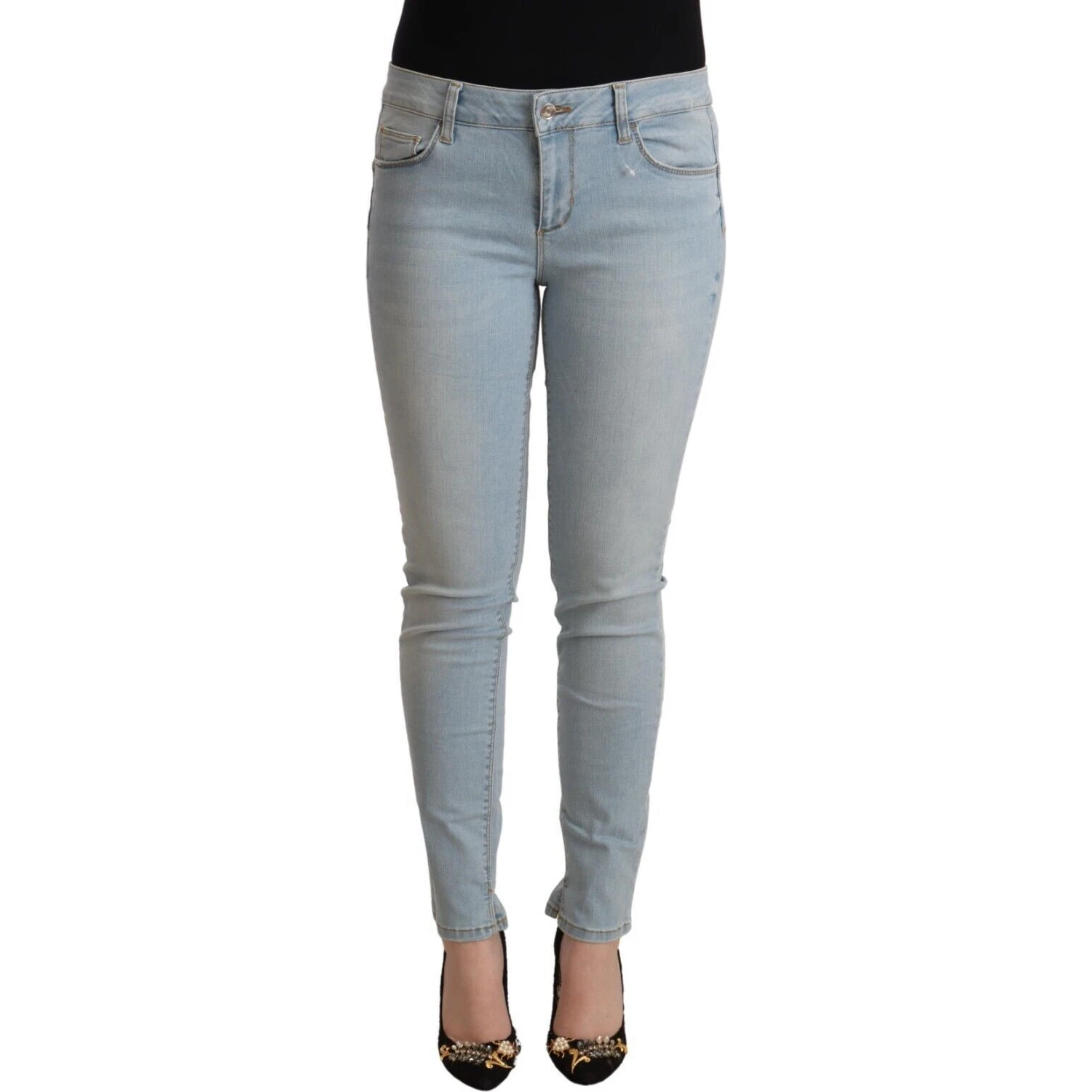 Light Blue Cotton Mid Waist Slim Fit Denim Jeans