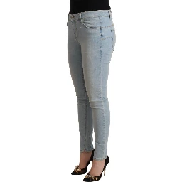 Light Blue Cotton Mid Waist Slim Fit Denim Jeans