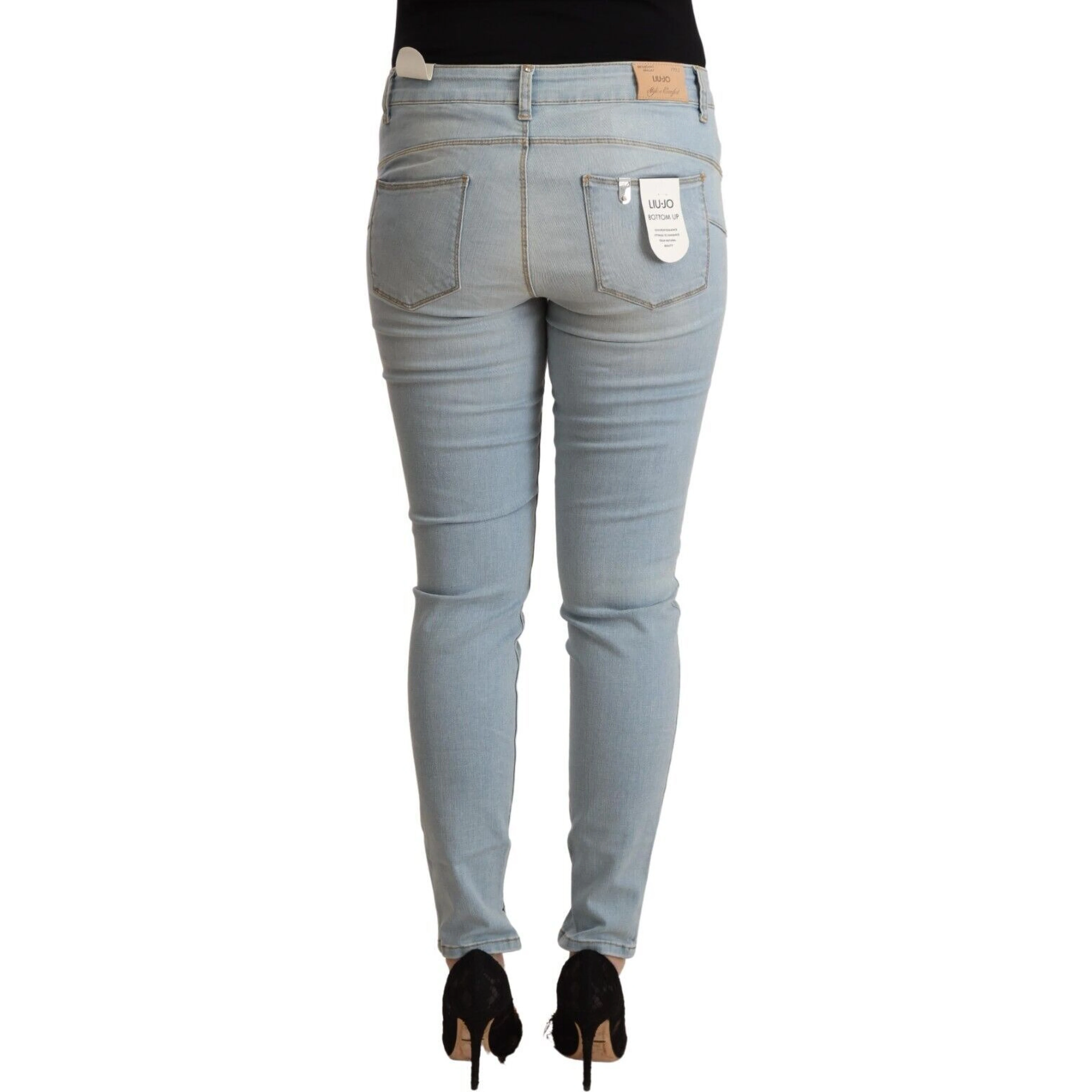 Light Blue Cotton Mid Waist Slim Fit Denim Jeans
