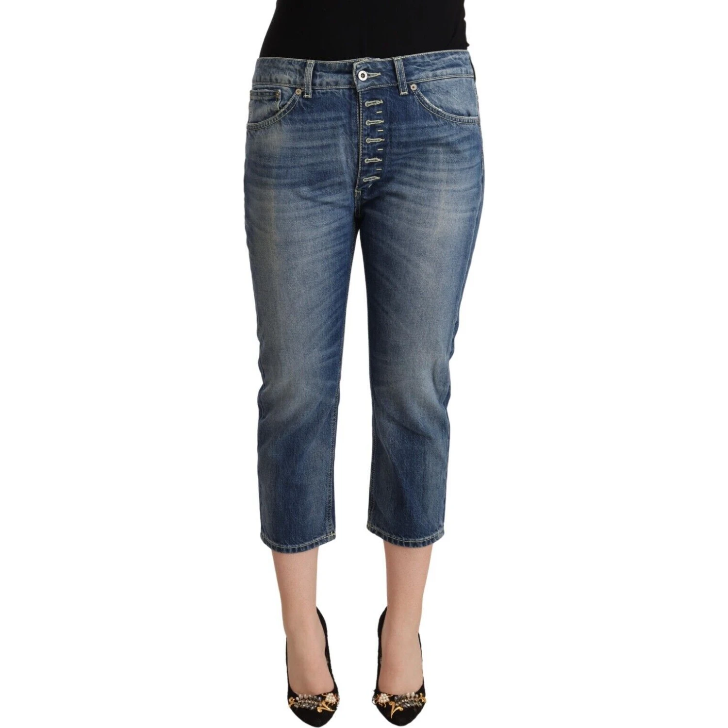 Blue Washed Mid Waist Capri Denim Jeans