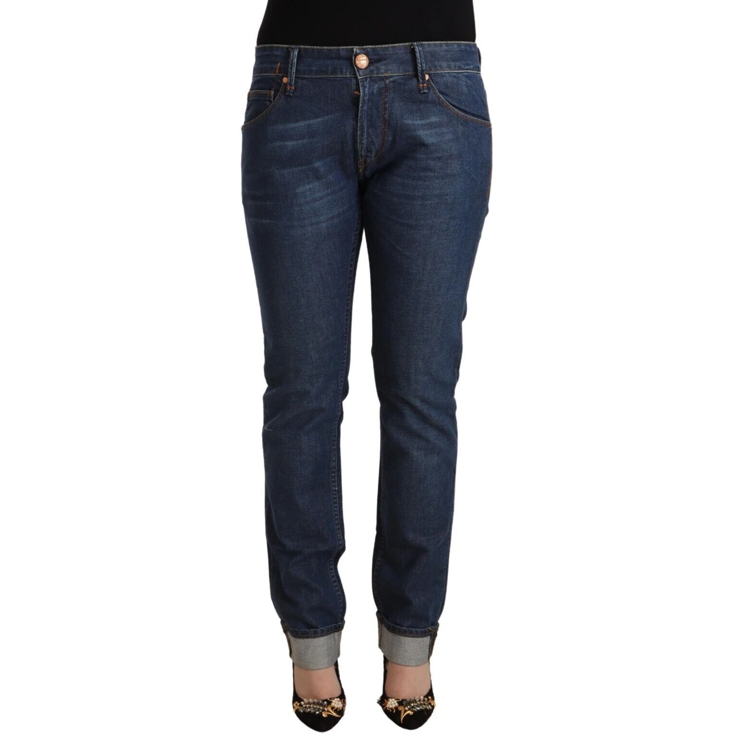 Dark Blue Cotton Slim Fit Folded Hem Denim Jeans