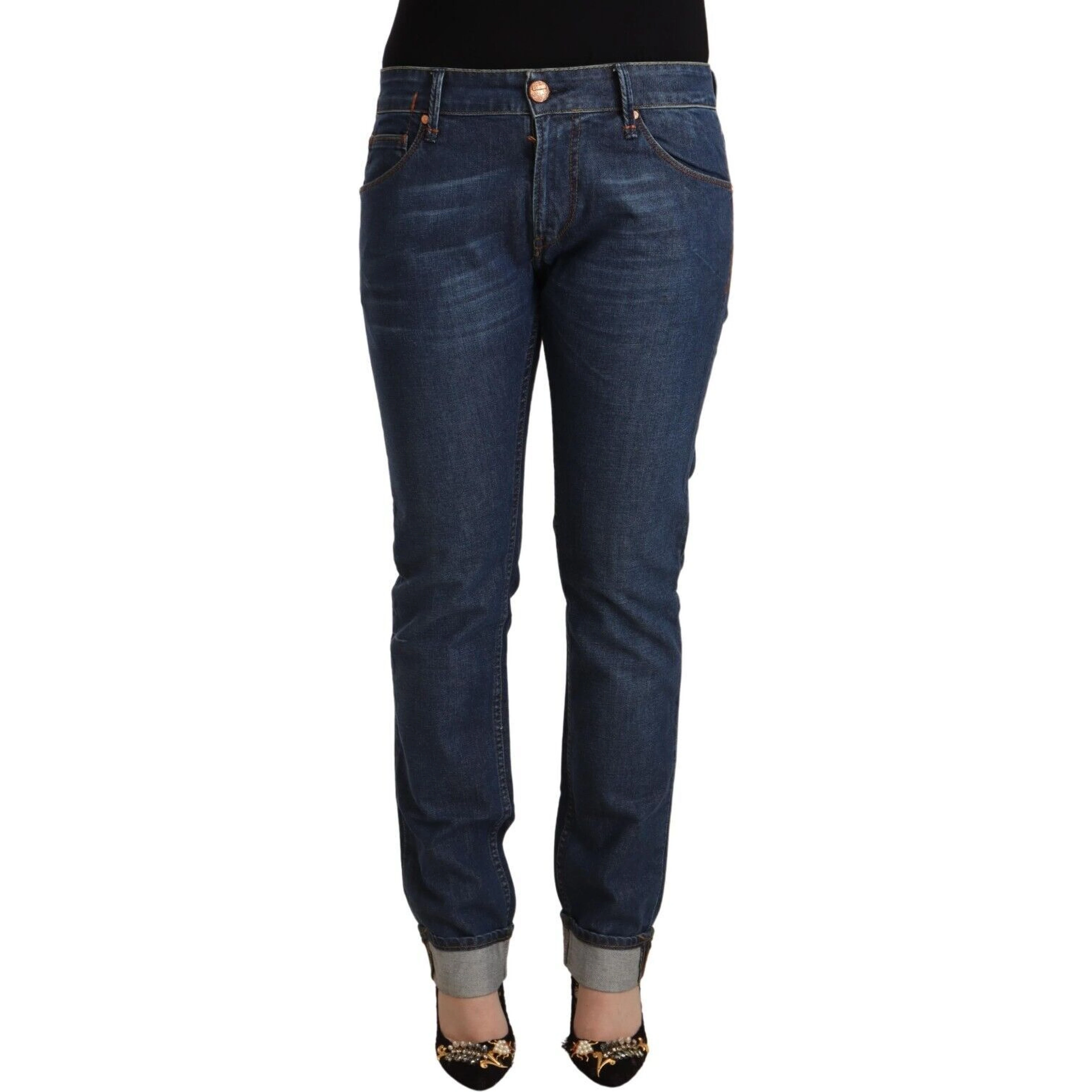 Dark Blue Cotton Slim Fit Folded Hem Denim Jeans