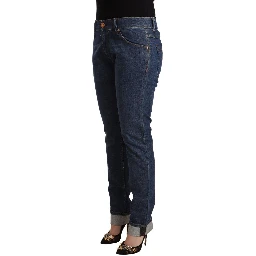 Dark Blue Cotton Slim Fit Folded Hem Denim Jeans