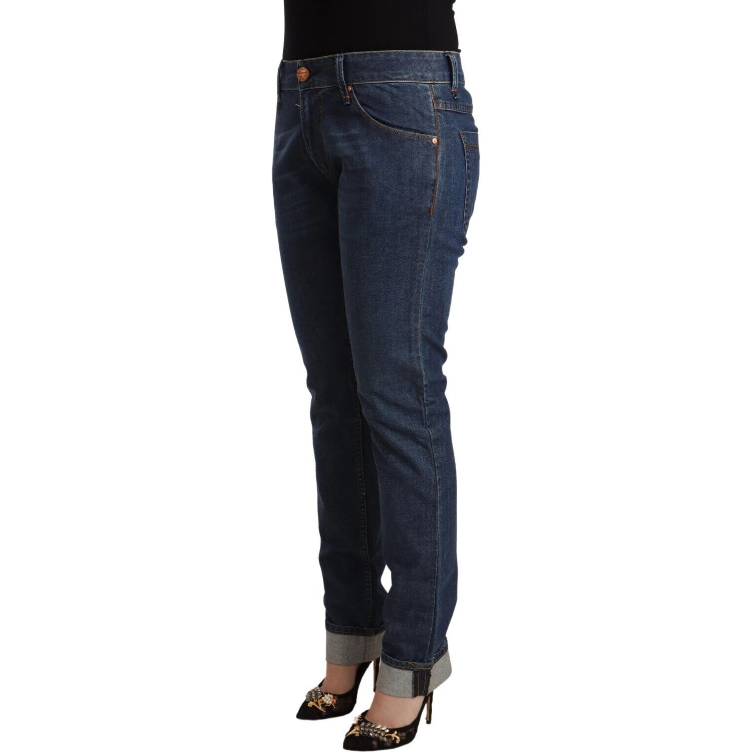 Dark Blue Cotton Slim Fit Folded Hem Denim Jeans