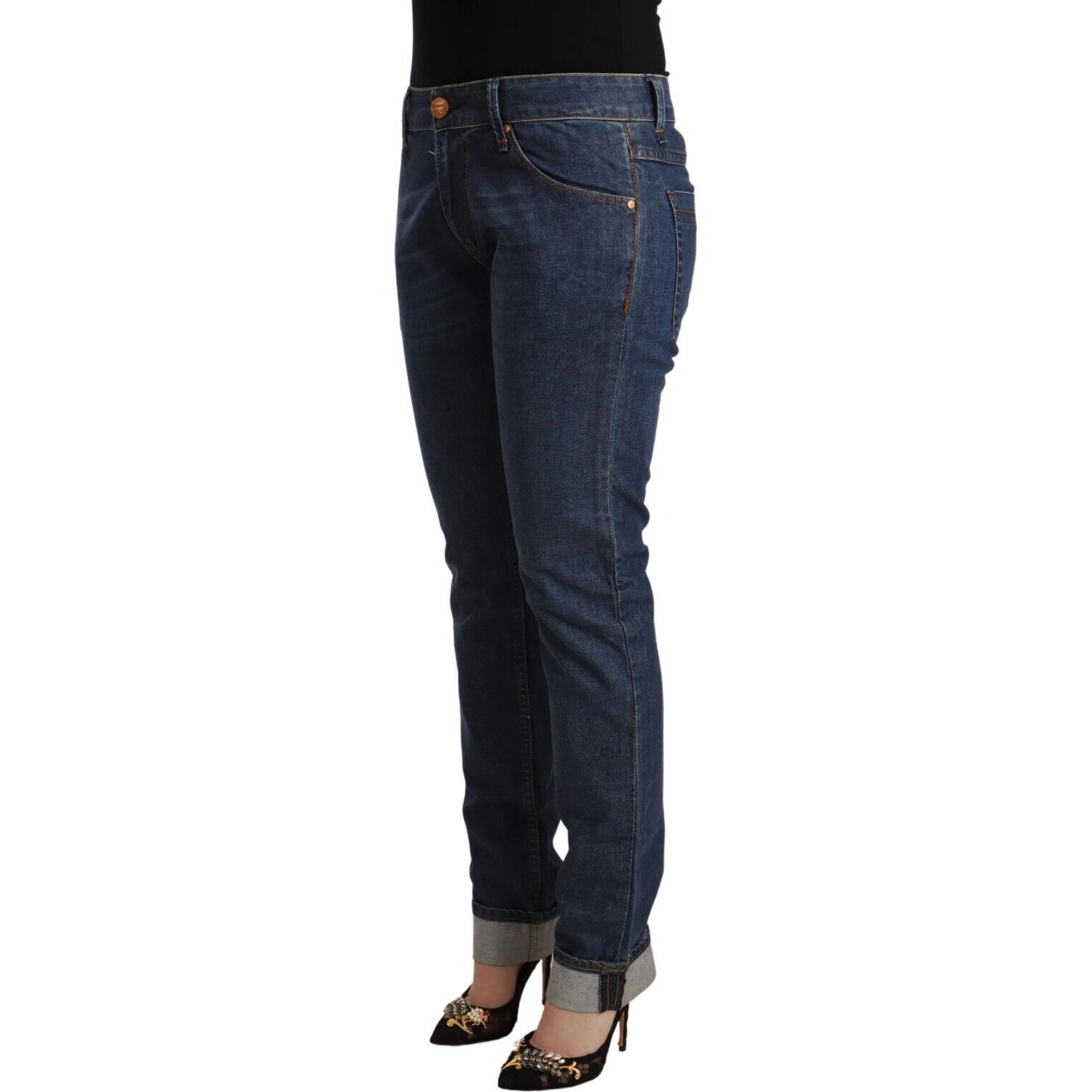 Dark Blue Cotton Slim Fit Folded Hem Denim Jeans