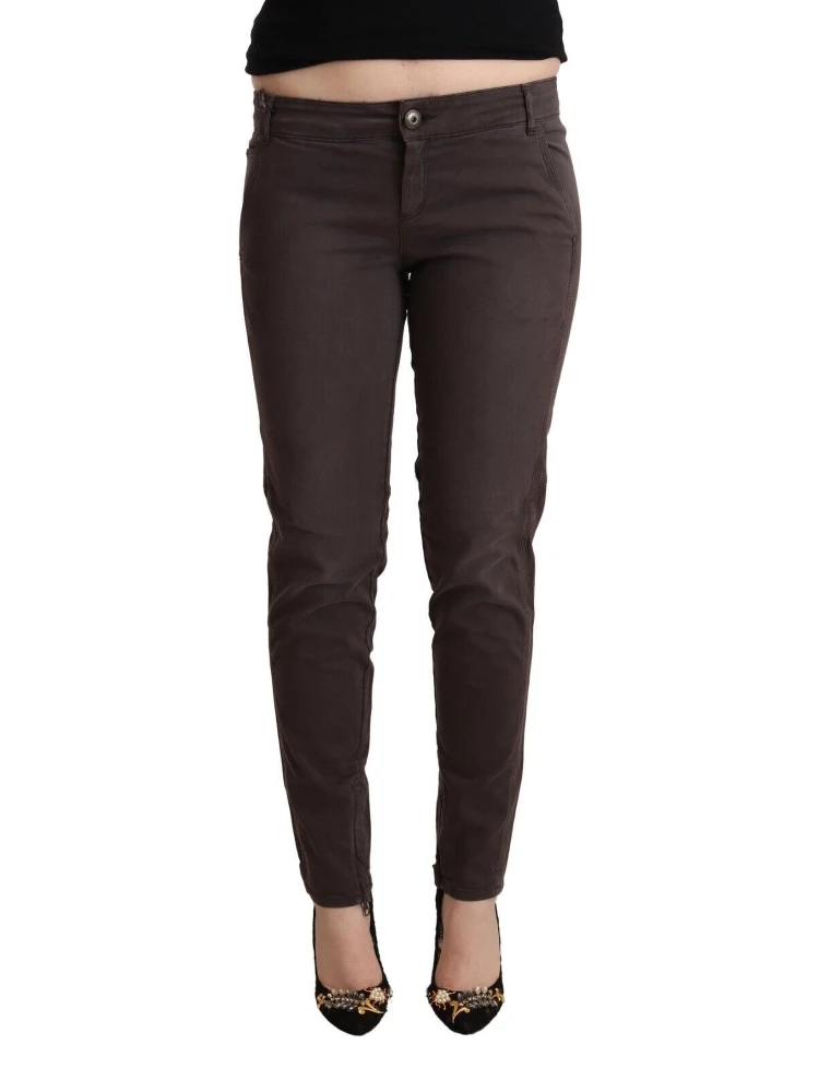 Brown Cotton Low Waist Slim Fit Pants