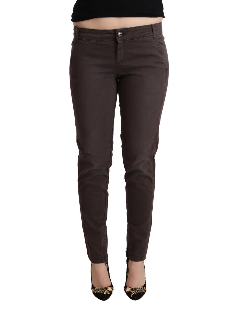 Brown Cotton Low Waist Slim Fit Pants
