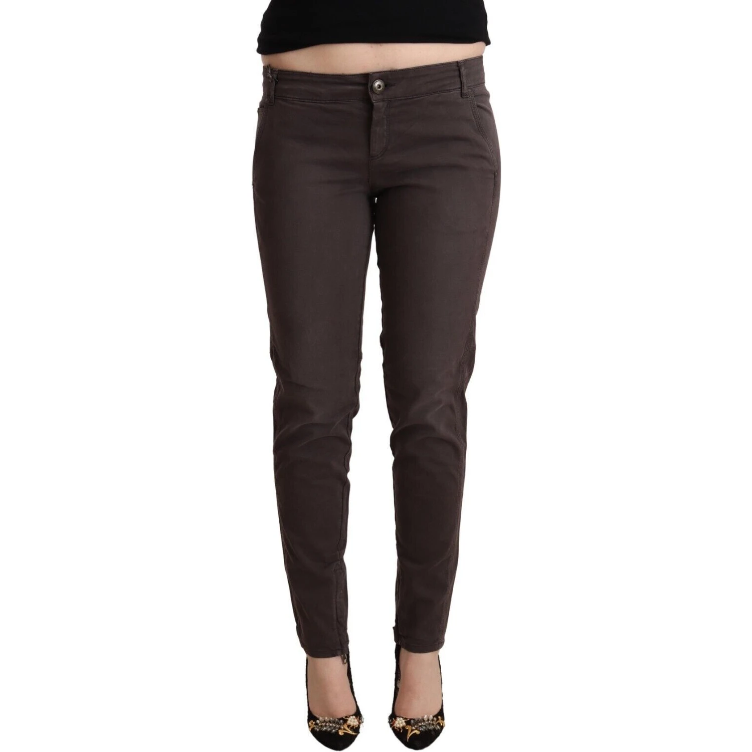 Brown Cotton Low Waist Slim Fit Pants