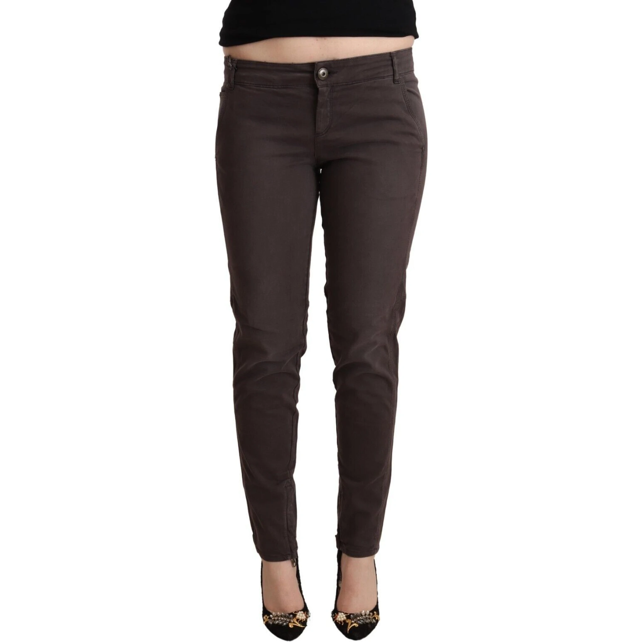 Brown Cotton Low Waist Slim Fit Pants