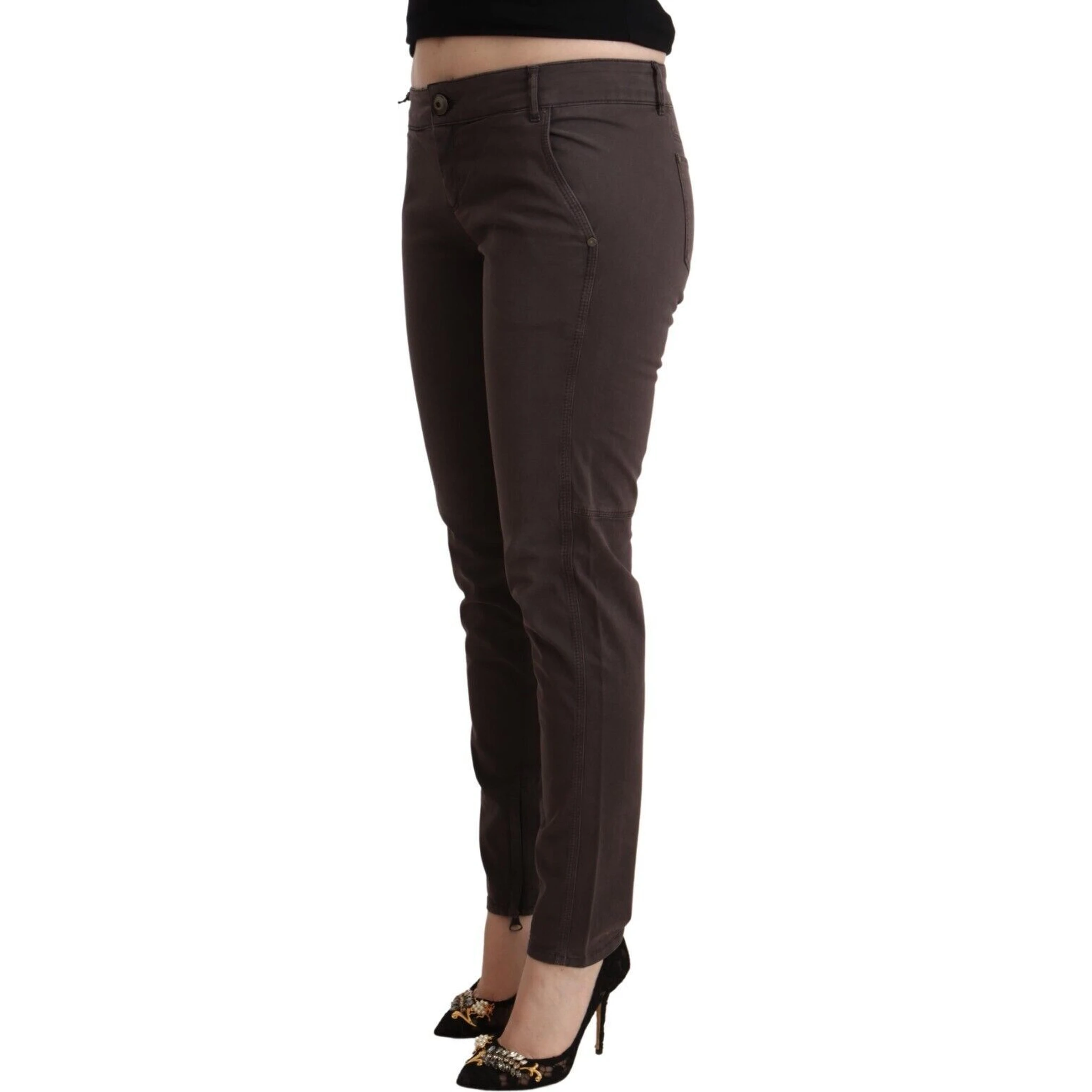 Brown Cotton Low Waist Slim Fit Pants