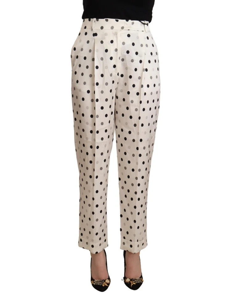 White Polka Dotted High Waist Tapered Pants