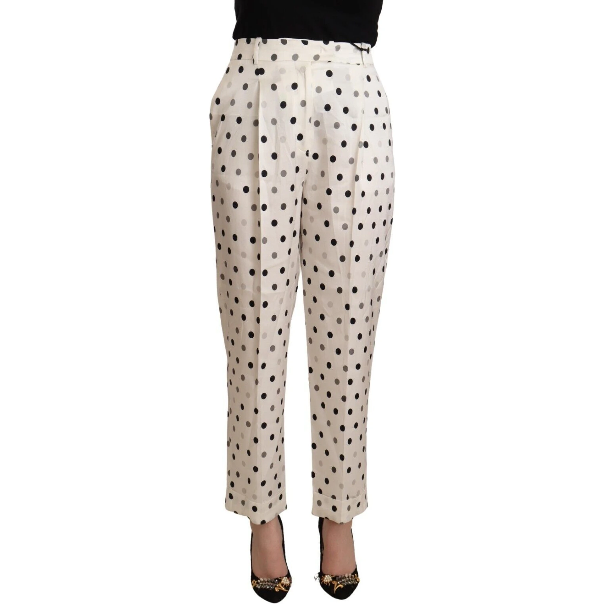 White Polka Dotted High Waist Tapered Pants