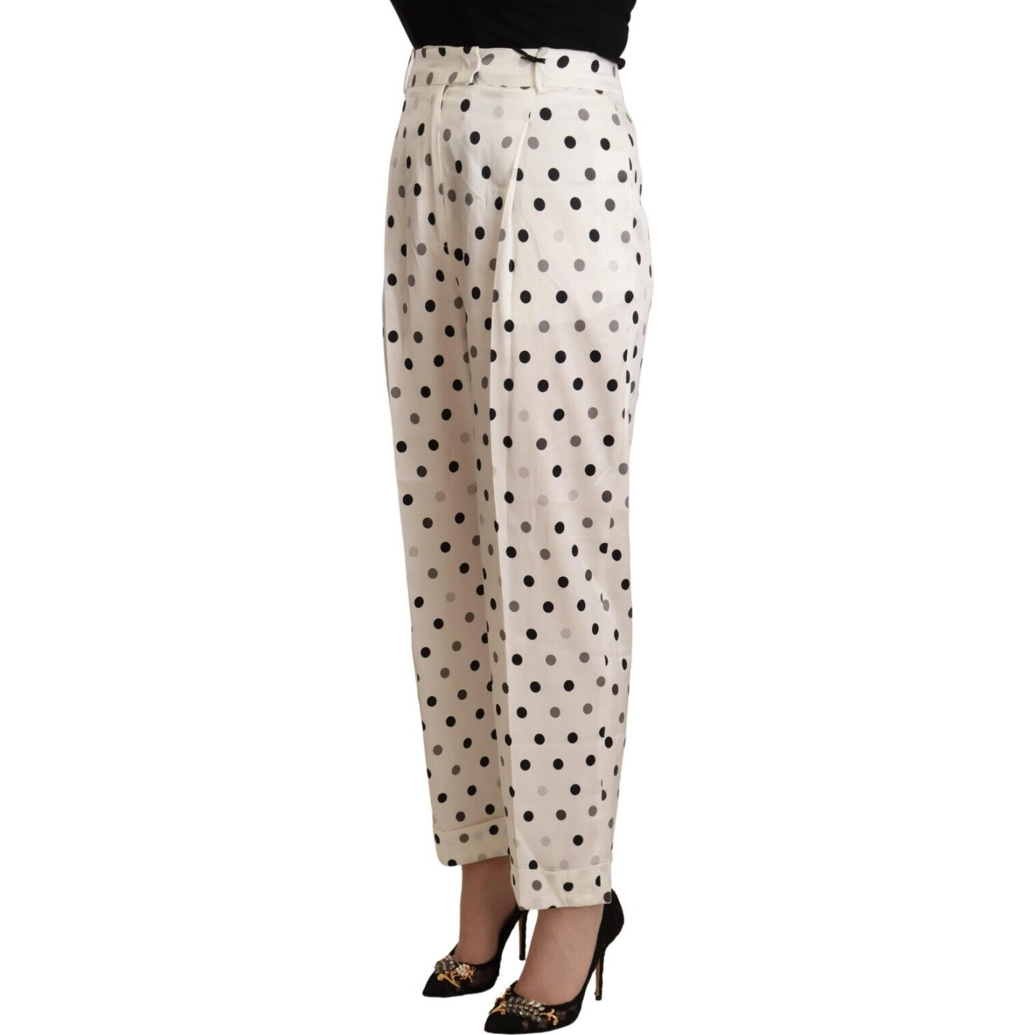 White Polka Dotted High Waist Tapered Pants