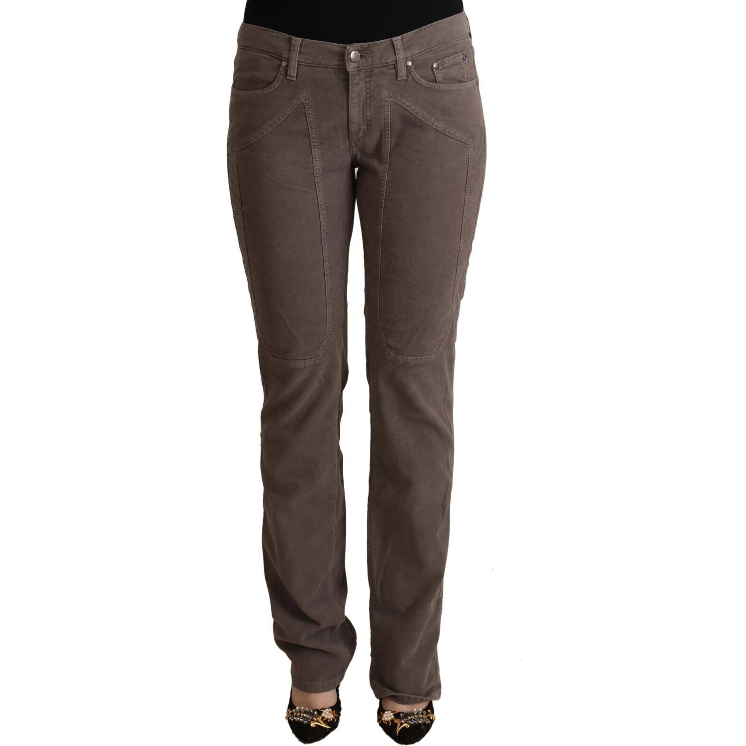Brown Cotton Low Waist Iconic Patches Leg Denim Jeans