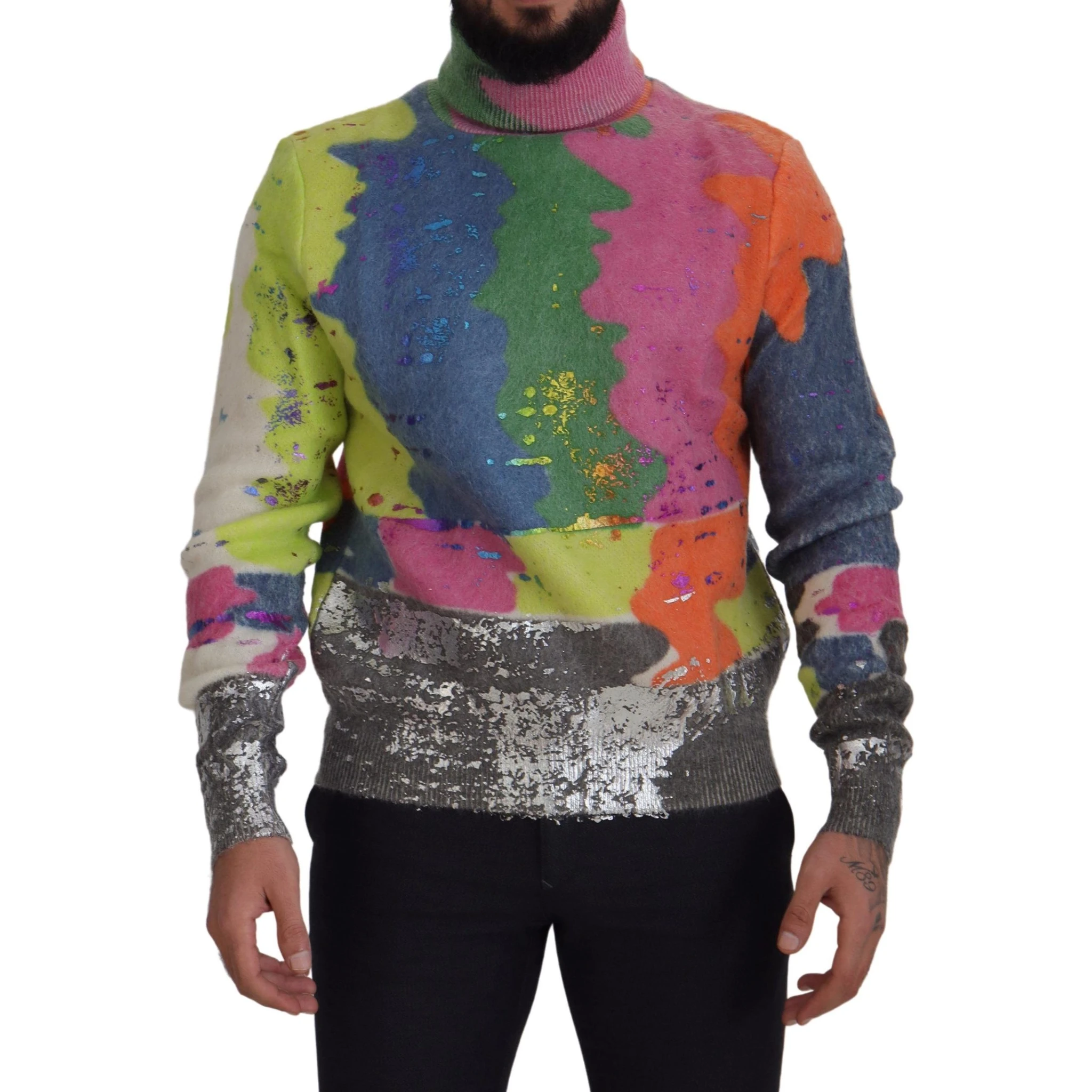 Multicolor Turtleneck Pullover Mohair Sweater
