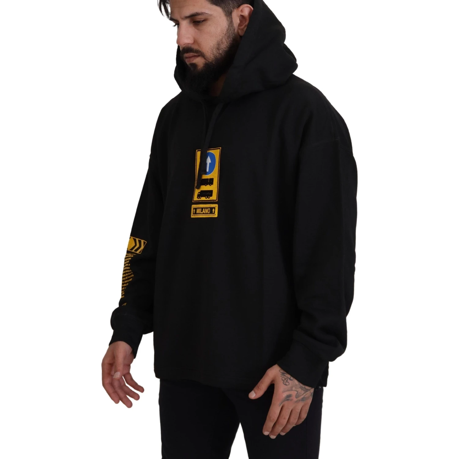 Black Cotton Hooded DG Shield Pullover Sweater