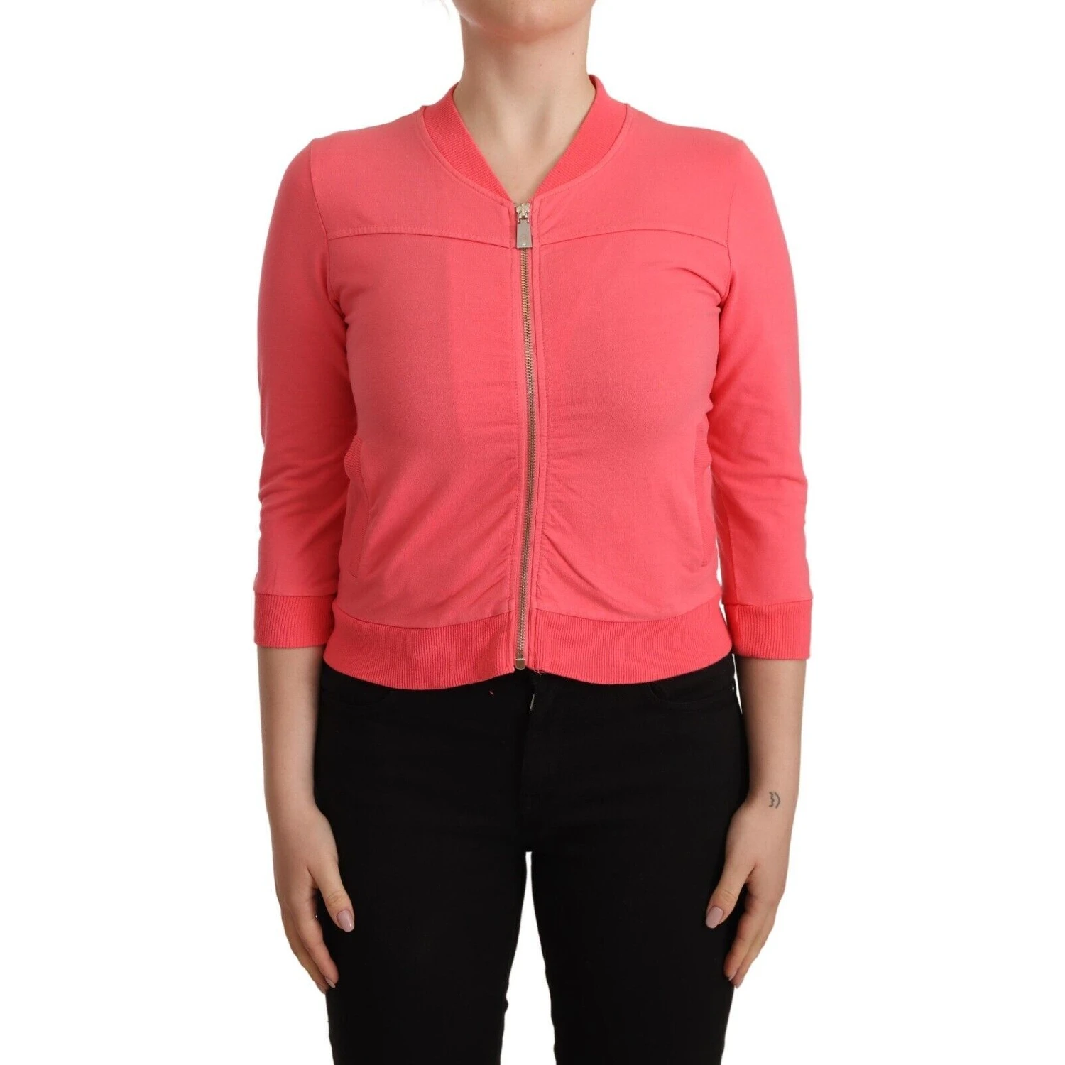Pink 3/4 Sleeve Zip Embellished Sweater