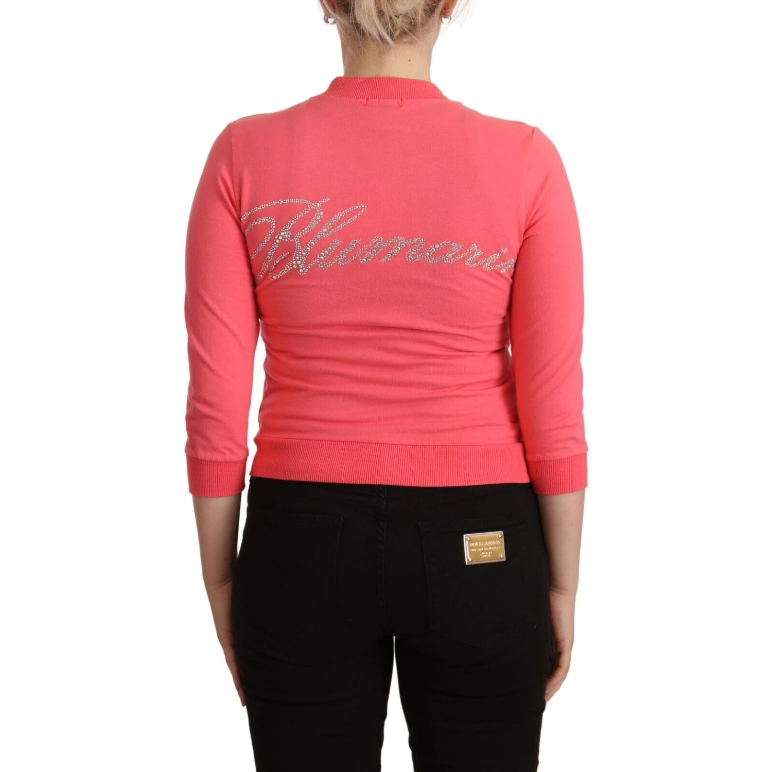 Pink 3/4 Sleeve Zip Embellished Sweater
