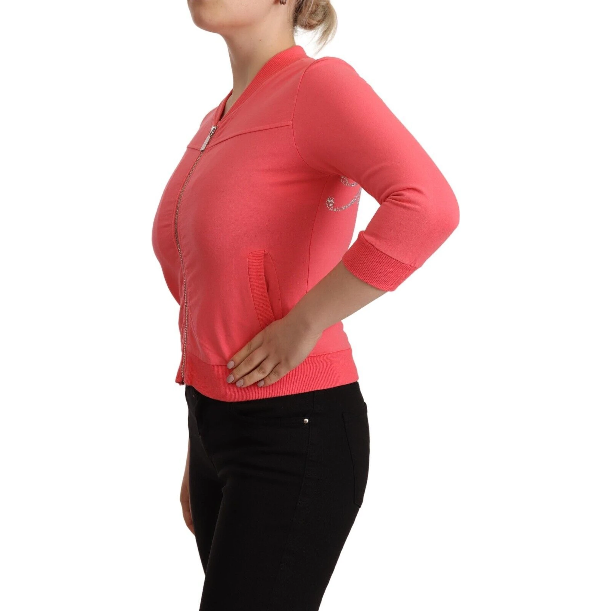 Pink 3/4 Sleeve Zip Embellished Sweater
